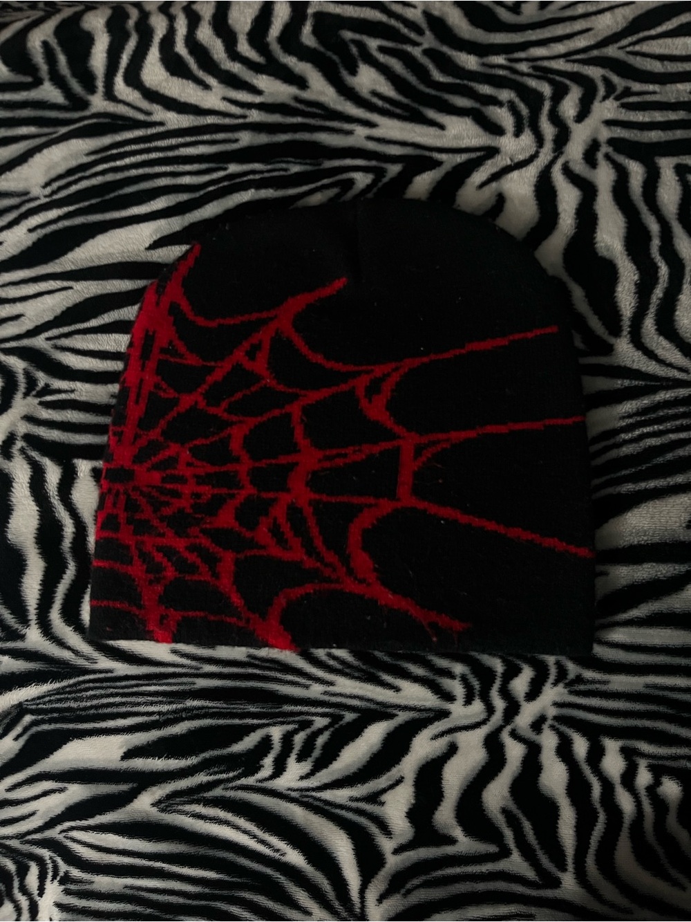 Unisex Black & Red Spider Web Beanie